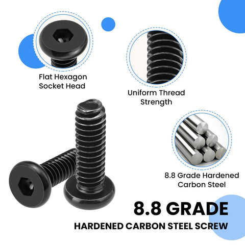 Heavy Duty 30 Pack Of 1/4-20 Threaded Inserts Matched With Flat Head Hex Socket Screws Top Shelf Zinc Coated Carbon Steel Fasteners Built Tough For Furniture Build Out Projects showing 8.8 grade hardened carbon steel screws with flat hex socket heads.