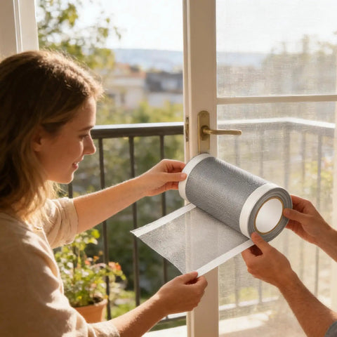 Person holding DIY Window Screen Repair Tape Waterproof Mesh Patch, showing roll and mesh texture, on a patio door screen.