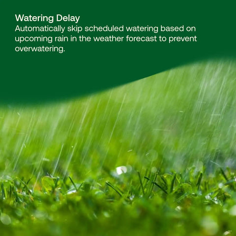 Rain delay feature of 8 Zone Smart WiFi Sprinkler Timer for Indoor and Outdoor Use with Alexa Compatibility, WaterSense ARC8 model.