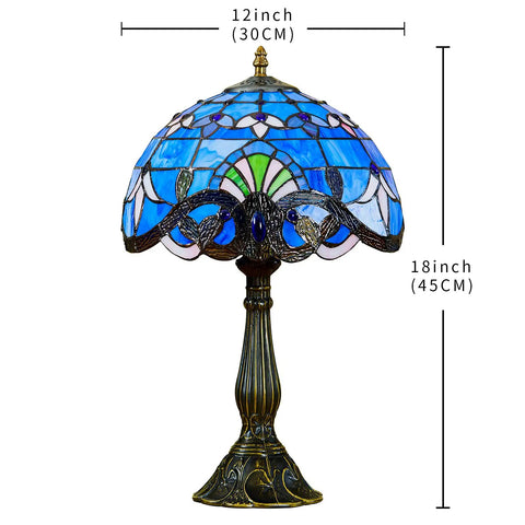 Blue Tiffany Style Table Lamp With Handcrafted Stained Glass For A Classic Vibe Vintage Luxurious Nightstand Reading Desk Light 18 Inch Tall Bronze Finish UL Certified Online Switch E26 LED Edison Bulb Or Incandescent Up To 60W Not Included