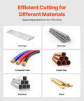 Image showing efficient cutting for materials like PVC, steel, composite cables, copper pipes, aluminum, and wood.