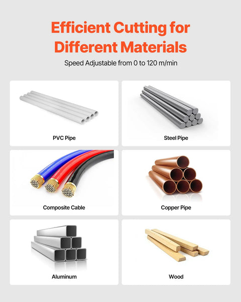 Image showing efficient cutting for materials like PVC, steel, composite cables, copper pipes, aluminum, and wood.