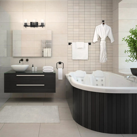 Dakota 5 Piece All In One Bathroom Set with vanity fixture, toilet paper holder, towel ring, and robe hook in matte black finish.