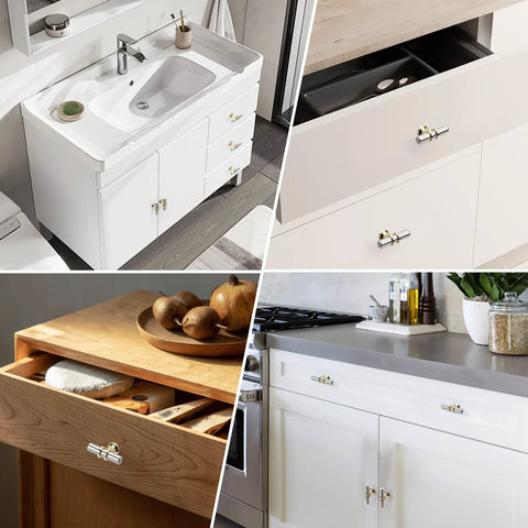 Installation of 10 pack cabinet knobs in brushed nickel and gold finishes on kitchen and bathroom furniture drawers.