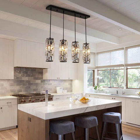Four Light Black Crystal Pendant Lights With Adjustable Dope Modern Mini Island Chandeliers in kitchen over table.