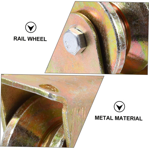 Close-up of Two Pack Groove Sliding Gate Rollers Track Wheels showing metal construction and rail wheel design.