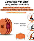 Trimmer Spools For Worx Weed Eater WG116 WG119 WG183 Two Spool Pack With 16 Feet Each Of 0.065 Inch Auto Feed Replacement String Heavy Duty Spools For Worx String Trimmers Includes 50019417 Cap Covers