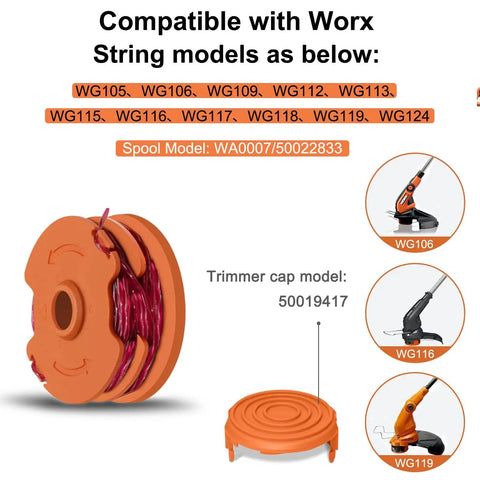 Trimmer Spools For Worx Weed Eater WG116 WG119 WG183 Two Spool Pack With 16 Feet Each Of 0.065 Inch Auto Feed Replacement String Heavy Duty Spools For Worx String Trimmers Includes 50019417 Cap Covers