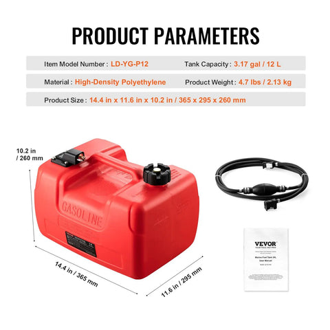 Marine Outboard Fuel Transfer Tank 3.17-Gallon with 9.8-Foot Hose, Gauge, and Yamaha Connector Compatibility, product and specifications.
