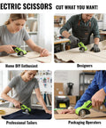 Powerhouse Cordless Electric Scissors With Rechargeable 4 Point 2V Battery And Self Sharpening Rotary Blades For Effortless Cardboard Cutting, shown in various user scenarios.