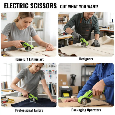 Powerhouse Cordless Electric Scissors With Rechargeable 4 Point 2V Battery And Self Sharpening Rotary Blades For Effortless Cardboard Cutting, shown in various user scenarios.