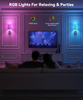 Battery Operated Wall Sconce Set of 2, RF Remote, Grey and Grey Shade illuminating a living room with RGB lights.