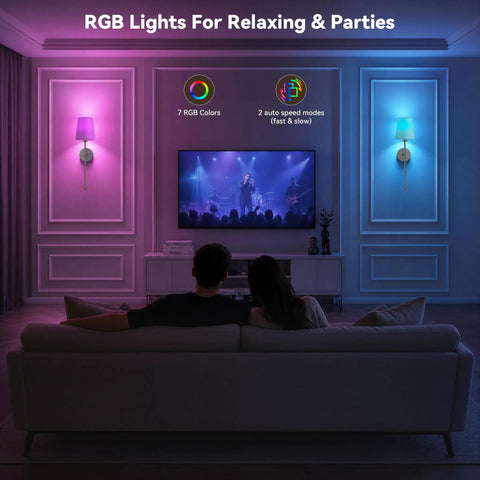 Battery Operated Wall Sconce Set of 2, RF Remote, Grey and Grey Shade illuminating a living room with RGB lights.