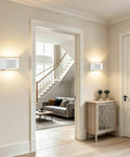 LED Wall Sconces Hardwired with On/Off Switch, Modern Wall Light, White illuminating a home entryway beside a stylish console.