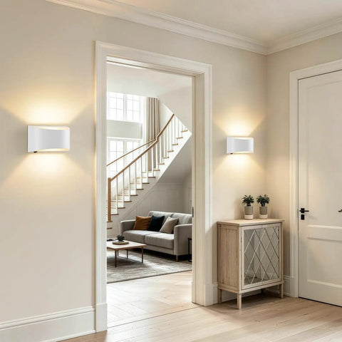 LED Wall Sconces Hardwired with On/Off Switch, Modern Wall Light, White illuminating a home entryway beside a stylish console.