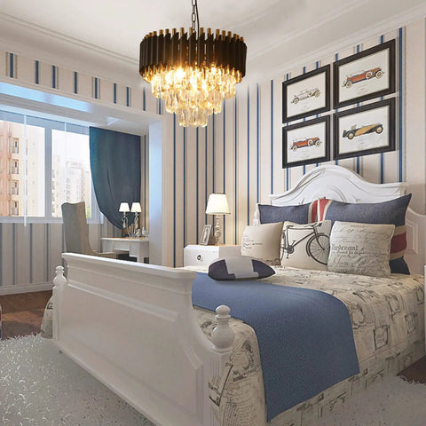 Modern Crystal Chandelier 3 Tier Round Black And Gold Pendant Light With 12 LED Bulbs in elegant bedroom setting