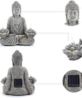 Sitting Meditating Buddha Statue 11.4 Inch Resin Garden Decor With Solar LED Lotus Lights, front and back view.
