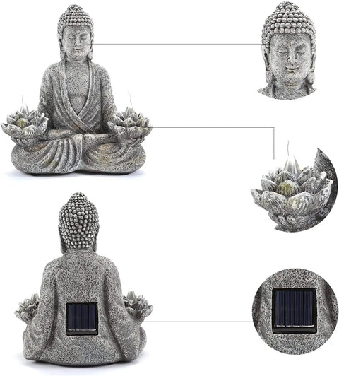 Sitting Meditating Buddha Statue 11.4 Inch Resin Garden Decor With Solar LED Lotus Lights, front and back view.