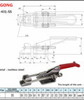 Diagram and specifications of Beefy Adjustable Toggle Clamp With 318Kg Clamping Force Stainless Steel Lever Clamp Latch