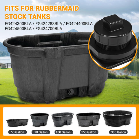 Stock Tank Drain Plug Kit Fits 50 70 100 150 300 Gallon Tanks Replacement Plug For 2 Inch Holes shown with Rubbermaid tanks