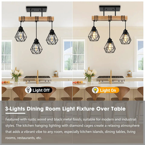 Rustic Farmhouse Pendant Light Fixtures Featuring Real Solid Wood And Sleek Black Metal Shades Perfect For Over Dining Tables Or Kitchen Islands, 3-light design.