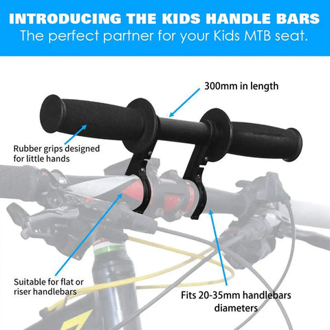 Kid Friendly MTB Handlebar Extender For Mountain Bikes Aluminum Alloy Front Seat Bar Mount 11.8 Inch Extension showing grips and fit.