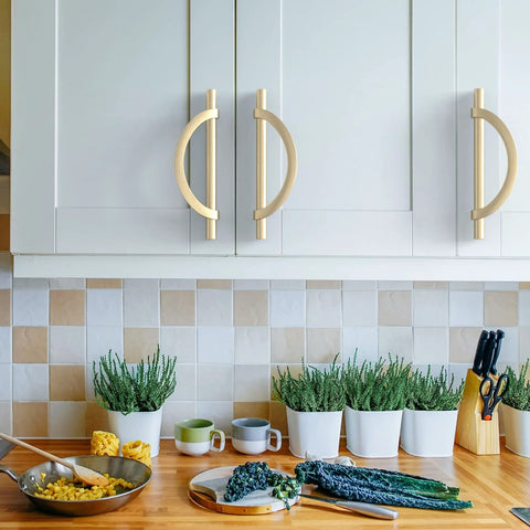 Kitchen with 10 Pack Brushed Gold Half Moon Cabinet Pulls With 5 Inch Hole Centers 128mm Zinc Alloy Durable Kitchen Cabinet Hardware.