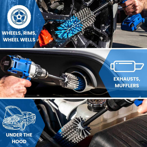 Extended Reach Drill Brush Attachment For Cars And Trucks With Beast Power And Heavy Duty Non Scratch Nylon Bristles All Purpose Wheel And Tire Cleaner For Tires Rims Wheel Wells Engine Bays Exhaust Pipes Running Boards And Hard To Reach Areas in use on wheels, exhaust, and engine bay