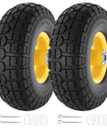 Two Pack 10 Inch Flat Free Solid Rubber Wheel Set For Hand Trucks Wheelbarrows Garden Carts Dollies And Utility Carts 4.10 3.50 4 Tire Axle Bore Five Eighth Inch Hub Offset Two Point Two Inch 220 Pound Dynamic Load shown with accessories