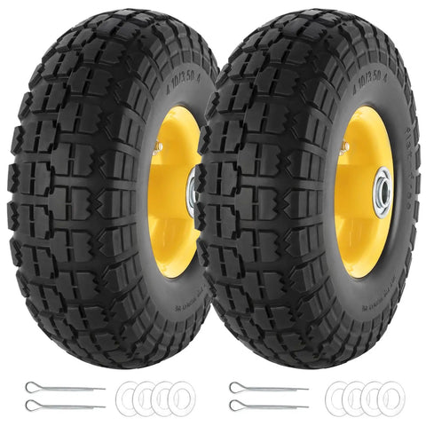 Two Pack 10 Inch Flat Free Solid Rubber Wheel Set For Hand Trucks Wheelbarrows Garden Carts Dollies And Utility Carts 4.10 3.50 4 Tire Axle Bore Five Eighth Inch Hub Offset Two Point Two Inch 220 Pound Dynamic Load shown with accessories
