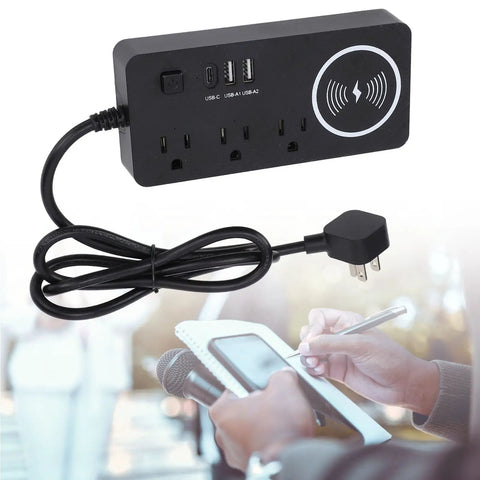 7 In 1 Power Strip Surge Protector With 30W Rapid Charging features 3 AC outlets and 3 USB ports, sleek flat plug design for easy placement.