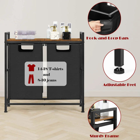 Two Section Laundry Hamper With Pull Out Dual 45L Bags And Wooden Shelf Removable Washable Sorter Bags Metal Frame For Laundry Room Dorm Bathroom Oxford Fabric Rustic Brown And Black