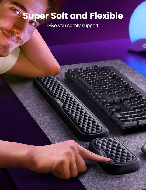 Ergonomic Wrist Rest For Keyboard And Mouse, Memory Foam Arm Cushion With Soft Lycra Cover shown on a desk setup
