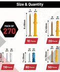 Heavy Duty Self Drilling Drywall Anchors And Screws Zinc Metal Wall Plugs That Grip Tight For No Sweat Setup Durable Self Tapping Design With Solid Fifty Pound Load Capacity 270 Piece Diy Home Fix Kit sizes and quantities displayed