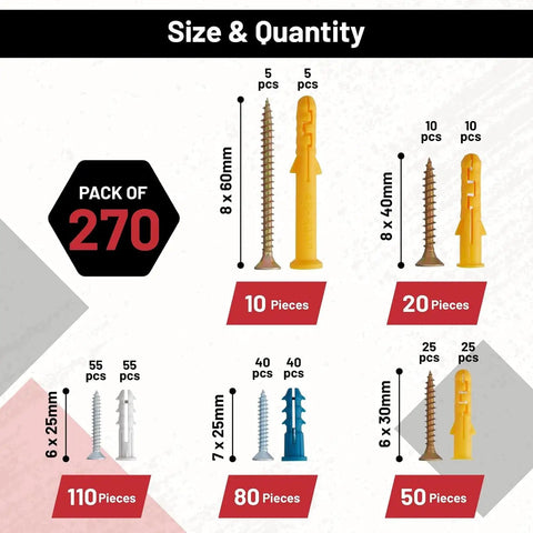 Heavy Duty Self Drilling Drywall Anchors And Screws Zinc Metal Wall Plugs That Grip Tight For No Sweat Setup Durable Self Tapping Design With Solid Fifty Pound Load Capacity 270 Piece Diy Home Fix Kit sizes and quantities displayed