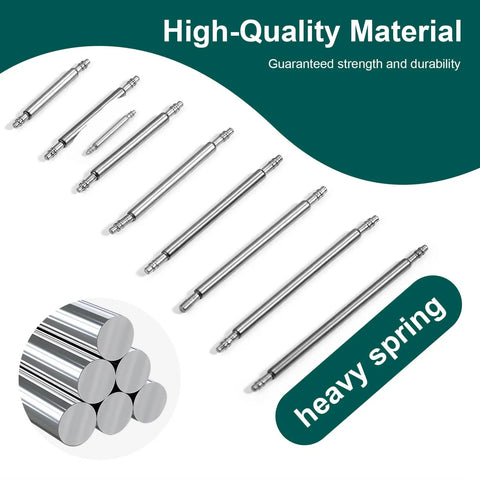 Close-up of All In One Watch Band Pins Replacement Kit With Spring Bar Tool and 40 durable stainless steel pins in eight sizes.