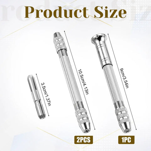 Top Shelf 3 Piece Pin Vise Set Featuring Double Ended Hand Drills With Solid Brass Chucks showing sizes of 1PC and 2PCS.
