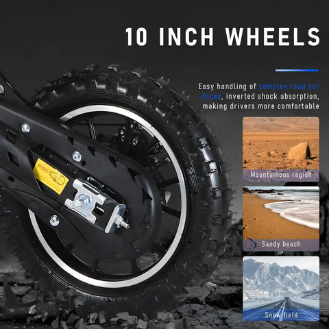10-inch wheel on Awesome 50Cc Gas-Powered Kids Dirt Bike With 2-Stroke Engine Hits 35 Mph for various terrains.