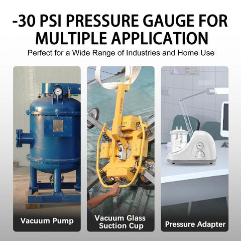 Front view of blue vacuum pump, yellow vacuum glass suction cup, and white pressure adapter.