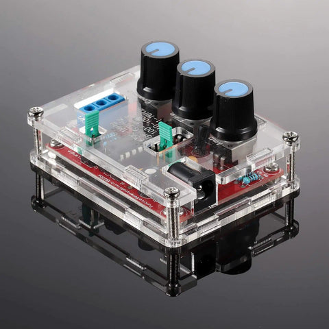 XR2206 Precise Function Signal Generator Module Pro Grade DIY Kit With Sine Square And Triangle Outputs 1Hz To 1MHz Range 9 To 12V DC Input Amplitude 0 To 3V Low Distortion Under One Percent Clear Case Pack Of Two showing close-up of module with clear casing and knobs