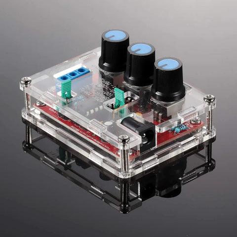 XR2206 Function Signal Generator Module For DIY Projects with clear transparent case showing controls and circuit components.