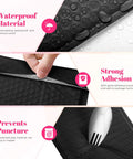 Details of 10x13 Inch Black Bubble Mailers 40 Pack Waterproof Padded Envelopes showing waterproof material, adhesion, puncture prevention.