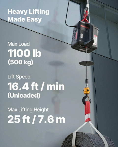 2 In 1 Electric Hoist Winch With 1100 Lb Capacity And 1500W Power Portable Winch Crane For Factory Warehouse And Garage 25 Ft Lift Height And 16.4 Ft Per Min With Manual And Wireless Remote Control lifting coil