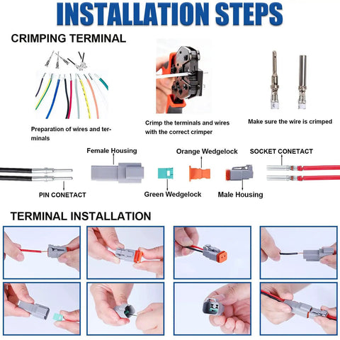 Installation steps for Tough As Nails 2 Pin Gray Waterproof Electrical Connector Kit with seals for truck, RV, marine wiring.
