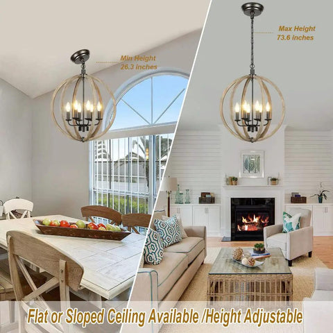 Six Light Orb Wood Chandelier With Rustic Oak Globe Frame Vintage Farmhouse Style Ceiling Light for kitchen and living room