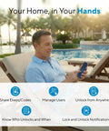 Rock Solid Fingerprint Wifi Smart Lock With Apple Home Integration user managing lock settings by poolside with smartphone.