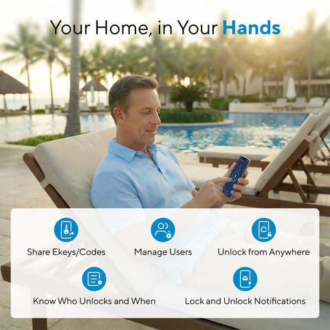 Rock Solid Fingerprint Wifi Smart Lock With Apple Home Integration user managing lock settings by poolside with smartphone.