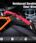 Beefy Braided Steel Anti Theft Steering Lock With Drill Resistant Cylinder High Visibility Deterrent installed on steering wheel.
