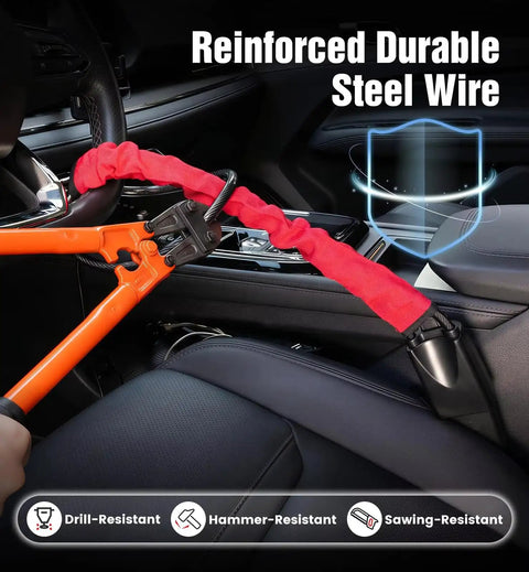 Beefy Braided Steel Anti Theft Steering Lock With Drill Resistant Cylinder High Visibility Deterrent installed on steering wheel.