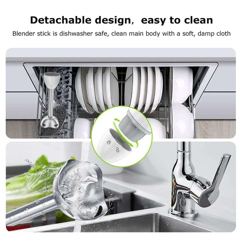 Detachable design of Kickass Two Speed Handheld Immersion Blender With Stainless Steel Blades for easy cleaning in dishwasher.